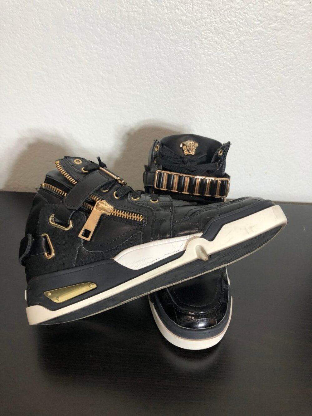 Versace Medusa High Top Sneakers – Black Leather Gold Hardware – Men’s Size 44